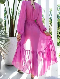 Women's White Dress Maxi Dress Chiffon Lace up Split Date Vacation Casual V Neck Long Sleeve Black White Blue Color