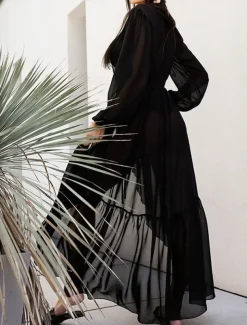 Women's White Dress Maxi Dress Chiffon Lace up Split Date Vacation Casual V Neck Long Sleeve Black White Blue Color