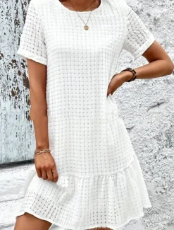 Women's White Dress Mini Dress Ruffle Eyelet Date Streetwear Basic Crew Neck Short Sleeve White Color