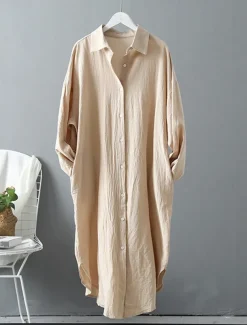 Women's White Dress Shirt Dress Cotton Linen Dress Midi Dress Office Vacation Linen Basic Casual Shirt Collar Button Long Sleeve Summer Spring Loose Fit Plain
