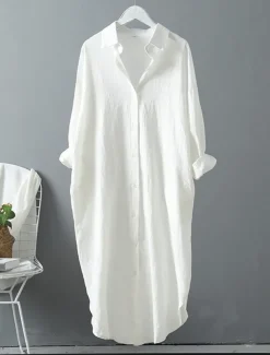 Women's White Dress Shirt Dress Cotton Linen Dress Midi Dress Office Vacation Linen Basic Casual Shirt Collar Button Long Sleeve Summer Spring Loose Fit Plain