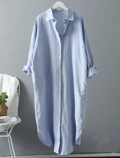Women's White Dress Shirt Dress Cotton Linen Dress Midi Dress Office Vacation Linen Basic Casual Shirt Collar Button Long Sleeve Summer Spring Loose Fit Plain