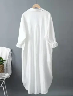 Women's White Dress Shirt Dress Cotton Linen Dress Midi Dress Office Vacation Linen Basic Casual Shirt Collar Button Long Sleeve Summer Spring Loose Fit Plain