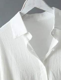 Women's White Dress Shirt Dress Cotton Linen Dress Midi Dress Office Vacation Linen Basic Casual Shirt Collar Button Long Sleeve Summer Spring Loose Fit Plain