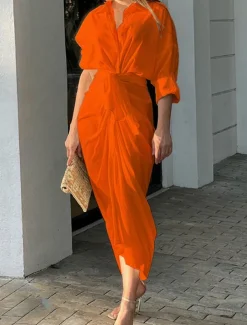 Women's White Dress Shirt Dress Casual Dress Maxi long Dress Date Vacation Basic Modern Shirt Collar Ruched 3/4 Length Sleeve Summer Spring Loose Fit Plain