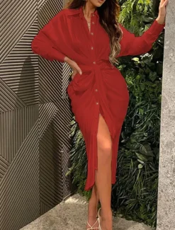 Women's White Dress Shirt Dress Bodycon Maxi long Dress Cocktail Party Sexy Formal Shirt Collar Button Long Sleeve Summer Spring Slim Plain