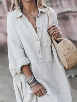 Women's White Dress Shirt Dress Mini Dress Date Vacation Basic Modern Shirt Collar Button Pocket Long Sleeve Summer Spring Loose Fit Plain