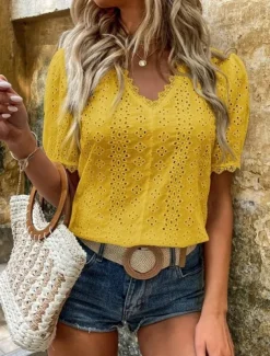 Women's White Elegant Lace Tops Eyelet Blouse Casual Solid Color Regular Tops Short Sleeve V Neck Lace Eyelet Regular Fit Daily White Yellow Romantic Petite Tops Summer Holiday Wear