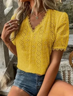 Women's White Elegant Lace Tops Eyelet Blouse Casual Solid Color Regular Tops Short Sleeve V Neck Lace Eyelet Regular Fit Daily White Yellow Romantic Petite Tops Summer Holiday Wear