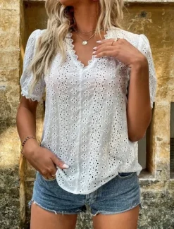 Women's White Elegant Lace Tops Eyelet Blouse Casual Solid Color Regular Tops Short Sleeve V Neck Lace Eyelet Regular Fit Daily White Yellow Romantic Petite Tops Summer Holiday Wear