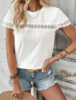 Women's White Elegant Lace Tops Eyelet Blouse Fashion Plain Regular Tops Short Sleeve Crew Neck Lace Regular Fit Vacation Daily Romantic Petite Tops Summer Holiday Wear White Summer