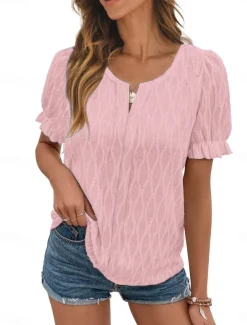 Women's White Elegant Lace Tops Eyelet Blouse Fashion Modern Casual Plain Regular Tops Short Sleeve V Neck Regular Fit Daily Weekend Romantic Petite Tops Summer Holiday Wear White Pink Blue Summer