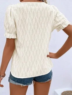 Women's White Elegant Lace Tops Eyelet Blouse Fashion Modern Casual Plain Regular Tops Short Sleeve V Neck Regular Fit Daily Weekend Romantic Petite Tops Summer Holiday Wear White Pink Blue Summer