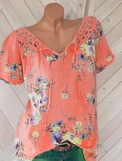 Women's White Elegant Lace Tops Eyelet Blouse Basic Floral Lace up Print Short Sleeve Regular Tops V Neck Casual Romantic Petite Tops Summer Holiday Wear White Pink Blue Orange Green