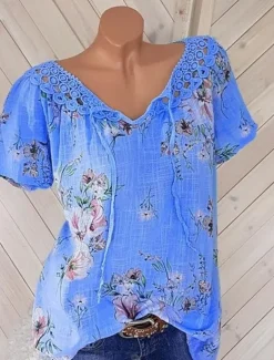 Women's White Elegant Lace Tops Eyelet Blouse Basic Floral Lace up Print Short Sleeve Regular Tops V Neck Casual Romantic Petite Tops Summer Holiday Wear White Pink Blue Orange Green