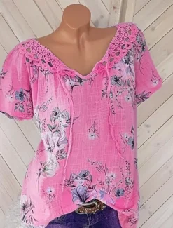 Women's White Elegant Lace Tops Eyelet Blouse Basic Floral Lace up Print Short Sleeve Regular Tops V Neck Casual Romantic Petite Tops Summer Holiday Wear White Pink Blue Orange Green