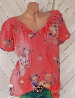 Women's White Elegant Lace Tops Eyelet Blouse Basic Floral Lace up Print Short Sleeve Regular Tops V Neck Casual Romantic Petite Tops Summer Holiday Wear White Pink Blue Orange Green