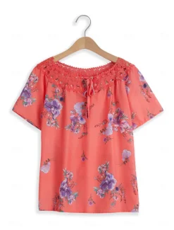 Women's White Elegant Lace Tops Eyelet Blouse Basic Floral Lace up Print Short Sleeve Regular Tops V Neck Casual Romantic Petite Tops Summer Holiday Wear White Pink Blue Orange Green