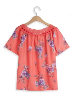 Women's White Elegant Lace Tops Eyelet Blouse Basic Floral Lace up Print Short Sleeve Regular Tops V Neck Casual Romantic Petite Tops Summer Holiday Wear White Pink Blue Orange Green