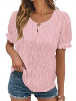 Women's White Elegant Lace Tops Eyelet Blouse Fashion Modern Casual Plain Regular Tops Long Sleeve Notched Neck Regular Fit Daily Weekend Romantic Petite Tops Summer Holiday Wear Pink Summer Spring