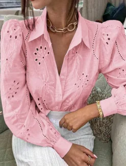 Women's White Elegant Lace Tops Eyelet Blouse Casual Solid Color Lace Lantern Sleeve Long Sleeve Regular Tops Shirt Collar Daily Romantic Petite Tops Summer Holiday Wear White Pink Green Spring Fall