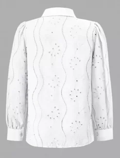 Women's White Elegant Lace Tops Eyelet Blouse Casual Solid Color Lace Lantern Sleeve Long Sleeve Regular Tops Shirt Collar Daily Romantic Petite Tops Summer Holiday Wear White Pink Green Spring Fall