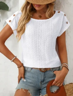 Women's White Elegant Lace Tops Eyelet Blouse Fashion Modern Plain Regular Tops Short Sleeve Crew Neck Buttons Regular Fit Daily Weekend Romantic Petite Tops Summer Holiday Wear Orange Summer Spring