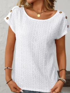 Women's White Elegant Lace Tops Eyelet Blouse Fashion Modern Plain Regular Tops Short Sleeve Crew Neck Buttons Regular Fit Daily Weekend Romantic Petite Tops Summer Holiday Wear Orange Summer Spring