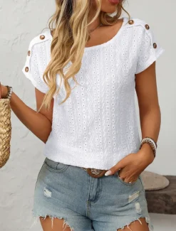 Women's White Elegant Lace Tops Eyelet Blouse Fashion Modern Plain Regular Tops Short Sleeve Crew Neck Buttons Regular Fit Daily Weekend Romantic Petite Tops Summer Holiday Wear Orange Summer Spring