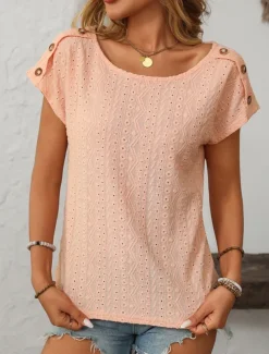 Women's White Elegant Lace Tops Eyelet Blouse Fashion Modern Plain Regular Tops Short Sleeve Crew Neck Buttons Regular Fit Daily Weekend Romantic Petite Tops Summer Holiday Wear Orange Summer Spring