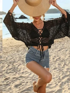 Women's White Elegant Lace Tops Blouse Eyelet top Sexy Plain Drawstring Crochet Street Daily Vacation Beach V Neck Regular Fit One-Size Black White Khaki