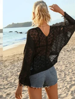 Women's White Elegant Lace Tops Blouse Eyelet top Sexy Plain Drawstring Crochet Street Daily Vacation Beach V Neck Regular Fit One-Size Black White Khaki