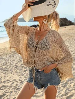 Women's White Elegant Lace Tops Blouse Eyelet top Sexy Plain Drawstring Crochet Street Daily Vacation Beach V Neck Regular Fit One-Size Black White Khaki