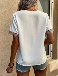 Women's White Elegant Lace Tops Eyelet Blouse T Shirt Burgundy Tee Plain Regular Tops Short Sleeve V Neck Regular Fit Daily Weekend Romantic Petite Tops Summer Holiday Wear Black White Wine