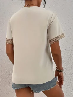 Women's White Elegant Lace Tops Eyelet Blouse T Shirt Burgundy Tee Plain Regular Tops Short Sleeve V Neck Regular Fit Daily Weekend Romantic Petite Tops Summer Holiday Wear Black White Wine