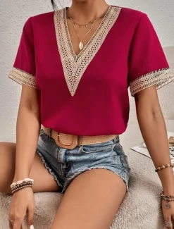 Women's White Elegant Lace Tops Eyelet Blouse T Shirt Burgundy Tee Plain Regular Tops Short Sleeve V Neck Regular Fit Daily Weekend Romantic Petite Tops Summer Holiday Wear Black White Wine