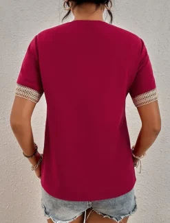 Women's White Elegant Lace Tops Eyelet Blouse T Shirt Burgundy Tee Plain Regular Tops Short Sleeve V Neck Regular Fit Daily Weekend Romantic Petite Tops Summer Holiday Wear Black White Wine