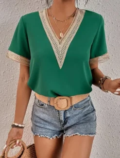 Women's White Elegant Lace Tops Eyelet Blouse T Shirt Burgundy Tee Plain Regular Tops Short Sleeve V Neck Regular Fit Daily Weekend Romantic Petite Tops Summer Holiday Wear Black White Wine