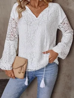 Women's White Elegant Lace Tops Eyelet Blouse Casual Solid Color Regular Tops Long Sleeve V Neck Lace Patchwork Regular Fit Daily Romantic Petite Tops Summer Holiday Wear White Red