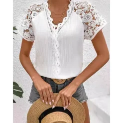 Women's White Elegant Lace Tops Eyelet Blouse Daily Stylish Plain Regular Tops Short Sleeve V Neck Lace Regular Fit Vacation Daily Romantic Petite Tops Summer Holiday Wear White Summer Spring Fall