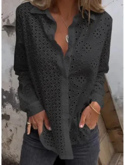 Women's White Elegant Lace Tops Eyelet Blouse Plain Button Cut Out Street Daily Fashion Shirt Collar Regular Fit Romantic Petite Tops Summer Holiday Wear Black White Red
