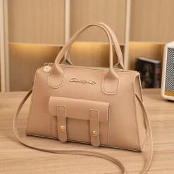 Women's White Faux Leather Handbag with Top Handle and Front Buckle Detail – Elegant Structured Satchel for Office, Travel, and Daily Use