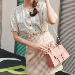 Women's White Faux Leather Handbag with Top Handle and Front Buckle Detail – Elegant Structured Satchel for Office, Travel, and Daily Use