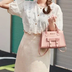 Women's White Faux Leather Handbag with Top Handle and Front Buckle Detail – Elegant Structured Satchel for Office, Travel, and Daily Use