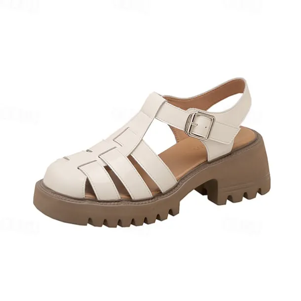 Women's White Fisherman Sandals with Chunky Lug Sole and Buckle Strap, Vintage Closed-Toe Faux Leather Shoes for Summer, Daily Wear, and Casual Outfits