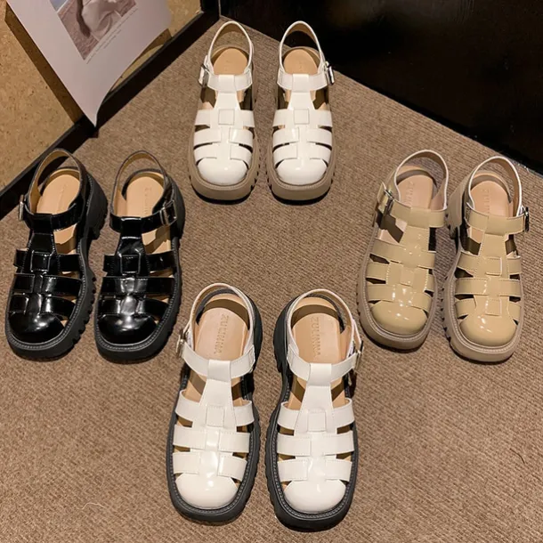 Women's White Fisherman Sandals with Chunky Lug Sole and Buckle Strap, Vintage Closed-Toe Faux Leather Shoes for Summer, Daily Wear, and Casual Outfits