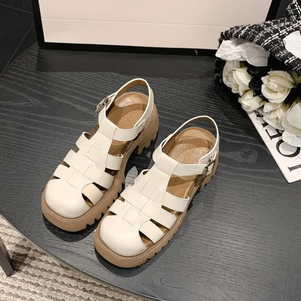 Women's White Fisherman Sandals with Chunky Lug Sole and Buckle Strap, Vintage Closed-Toe Faux Leather Shoes for Summer, Daily Wear, and Casual Outfits
