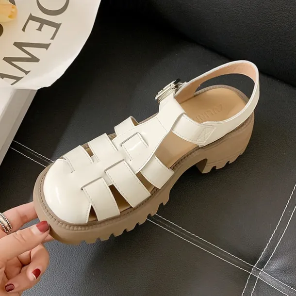 Women's White Fisherman Sandals with Chunky Lug Sole and Buckle Strap, Vintage Closed-Toe Faux Leather Shoes for Summer, Daily Wear, and Casual Outfits