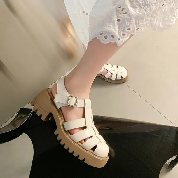 Women's White Fisherman Sandals with Chunky Lug Sole and Buckle Strap, Vintage Closed-Toe Faux Leather Shoes for Summer, Daily Wear, and Casual Outfits