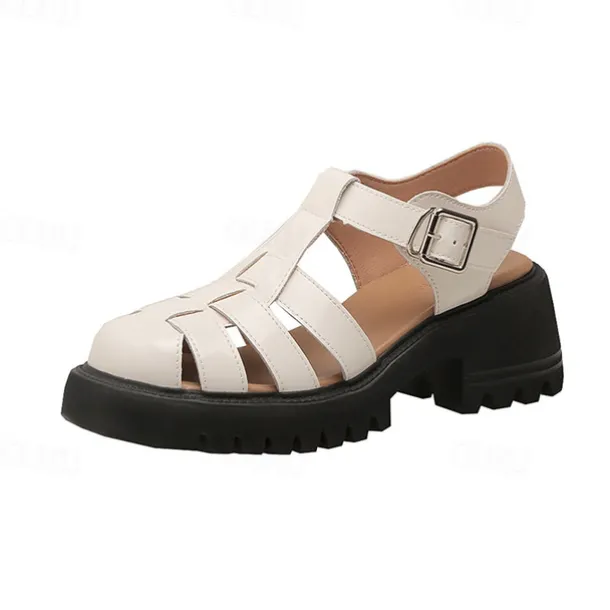 Women's White Fisherman Sandals with Chunky Lug Sole and Buckle Strap, Vintage Closed-Toe Faux Leather Shoes for Summer, Daily Wear, and Casual Outfits